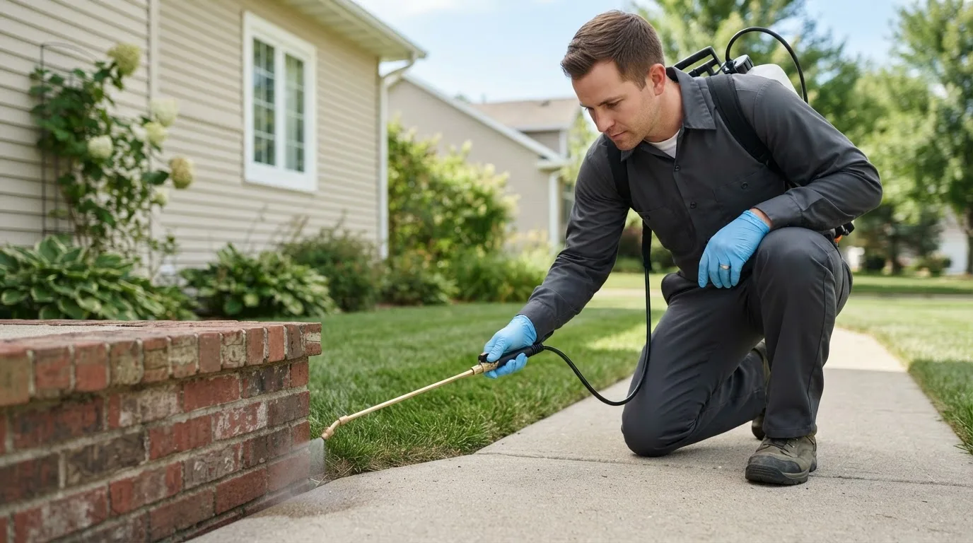 Pest control technician treating a home near Freedom, ME