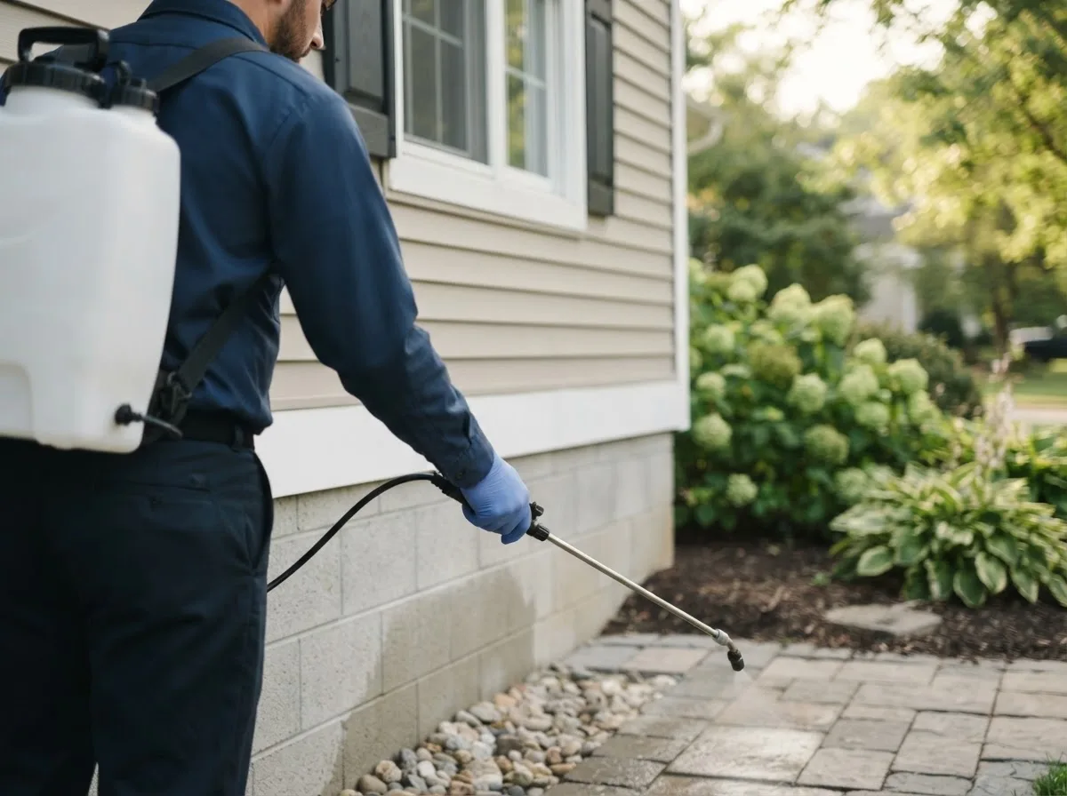 Pest control technician inspecting a home in Freedom, ME